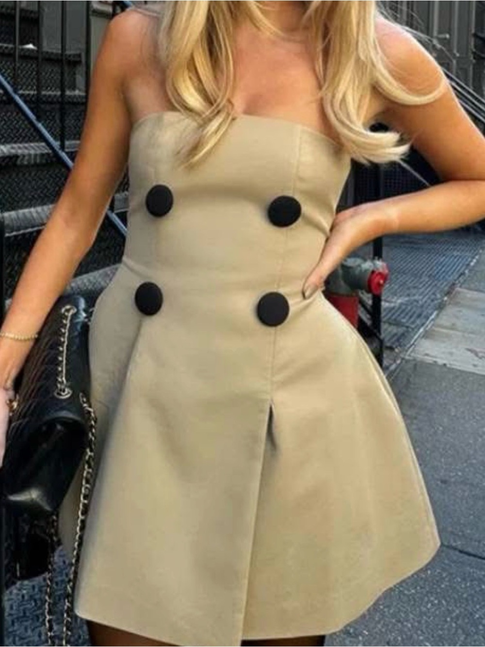 Odd muse Strapless Tan A-Line Dress with Black Button Detail